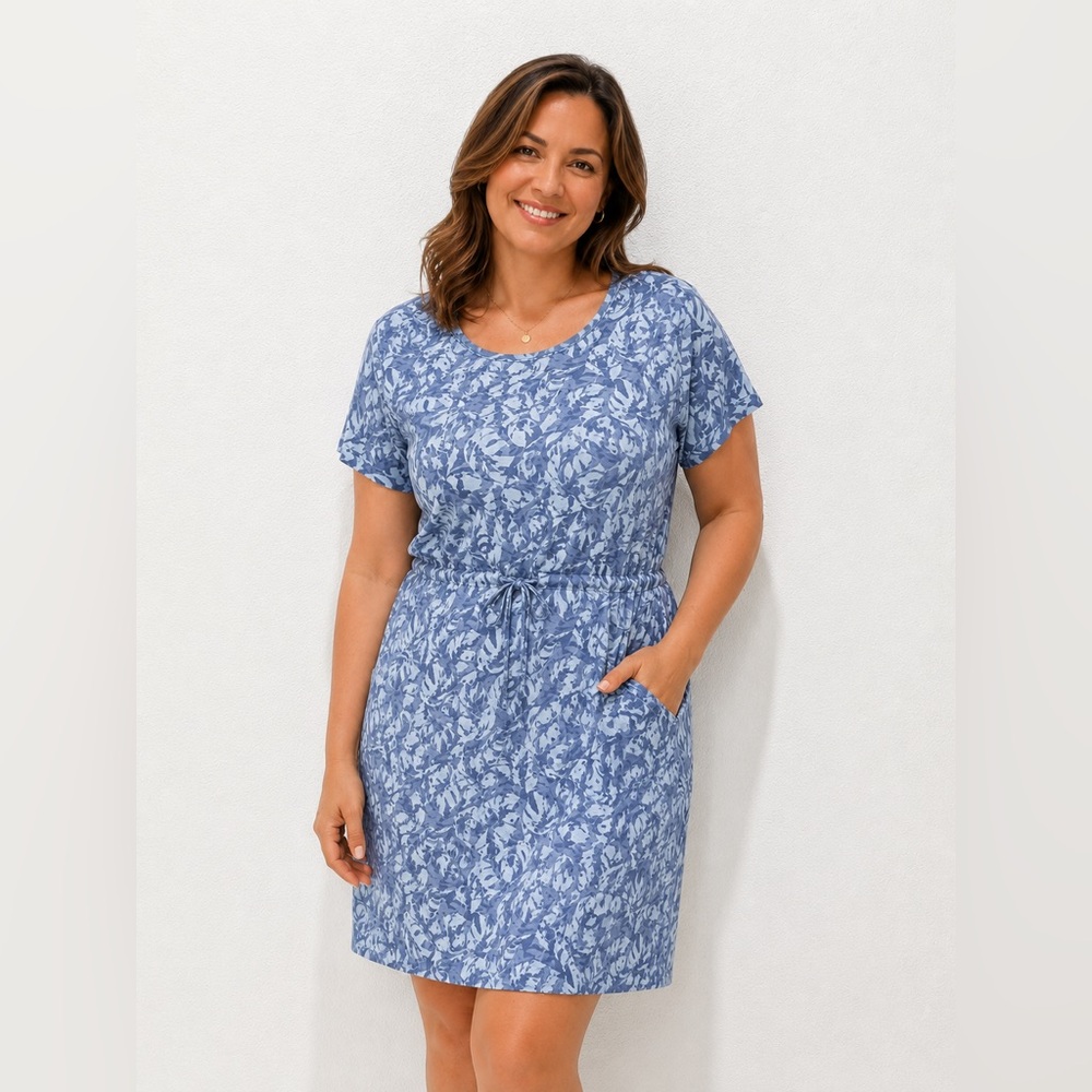 L.L. Bean Blue Floral Tie-Waist Mini Dress M